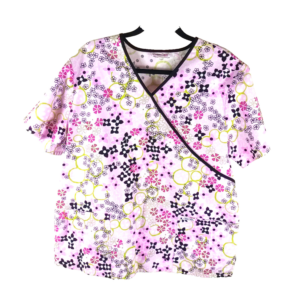 Vintage Cherokee Women's Scrub Top Size Large Pink Black Flowers Retro Design...